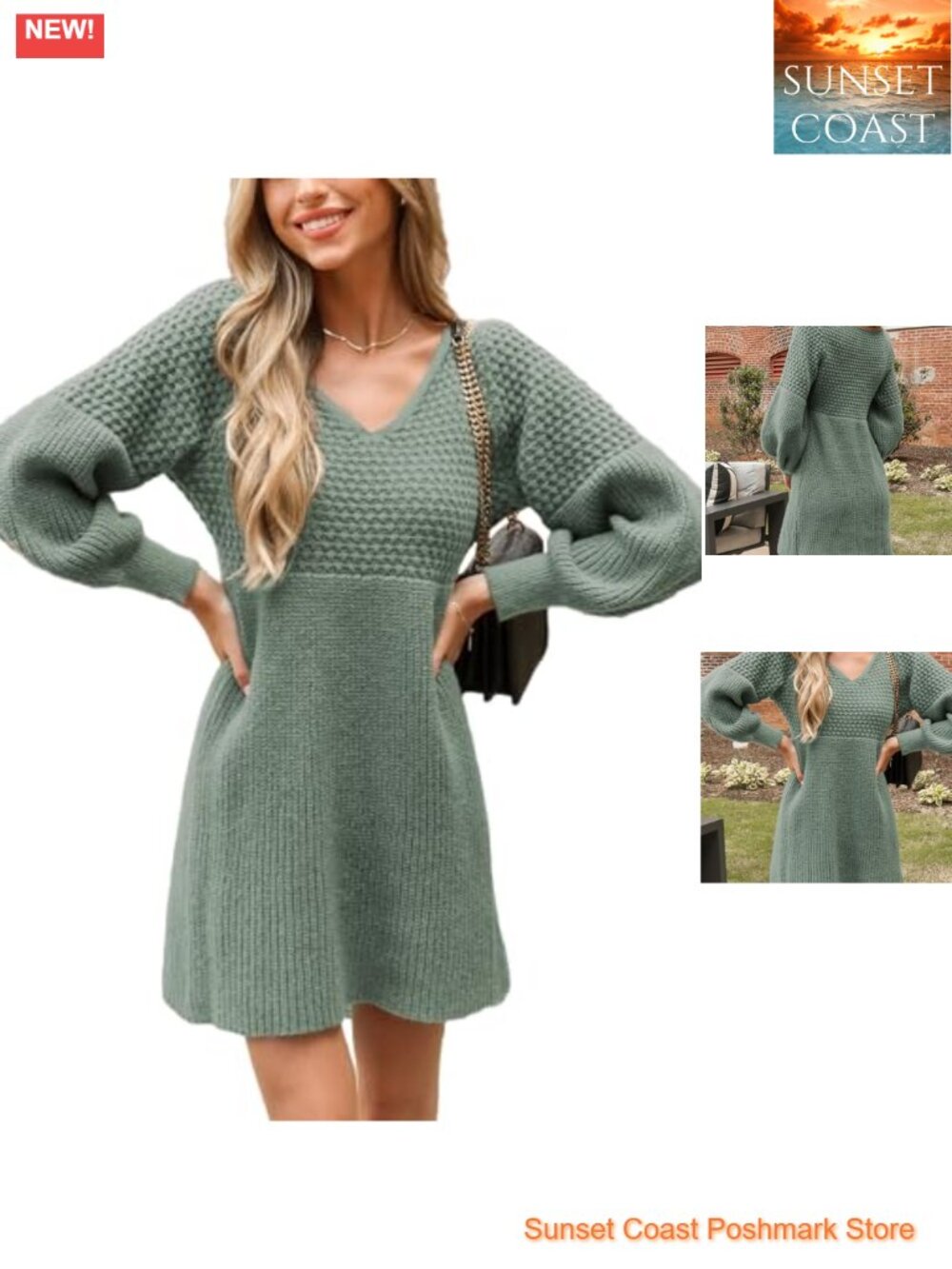 V Neck Long Sleeve Textured Knit Pullover Sweater Dress Mini